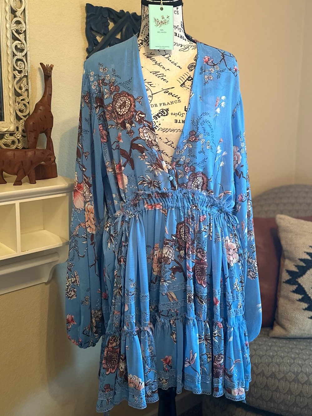 Free People cherry blossom Floral Long-Sleeve V-Neck Tiered Mini Dress - Blue